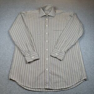 Luciano Barbera Mens L/16-16.5 100% Cotton Sport Shirt Brown Blue Stripe Italy